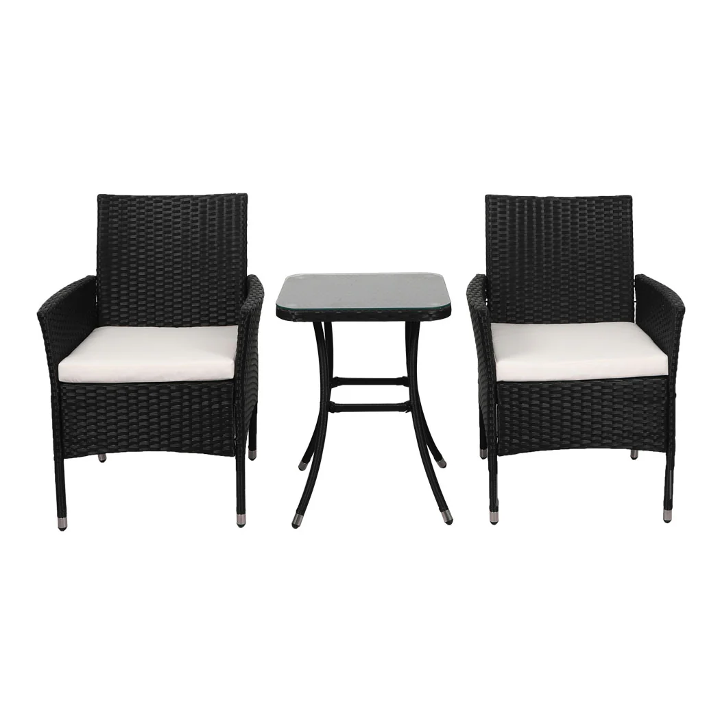 Finn 2-Seater Furniture Chair Table Patio Garden Rattan Seat 3-Piece Outdoor Setting - Black - Nurns