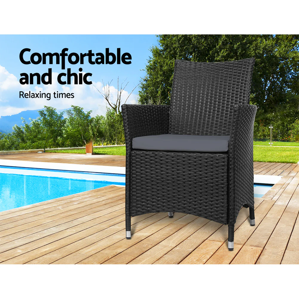 Mitchell Set of 2 Outdoor Bistro Set Dining Chairs Patio Furniture Wicker Garden Cushion - Black - Nurns