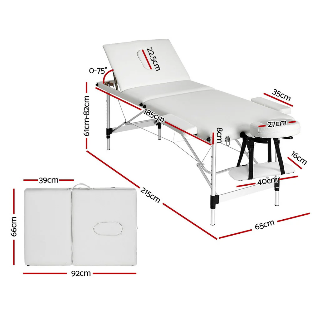 Massage Table 65cm Portable 3 Fold Aluminium Beauty Bed - White - Nurns