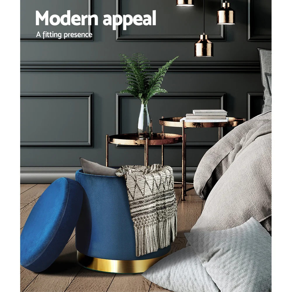 Foot Stool Round Velvet Storage Ottoman Foot Rest Pouffe Footstool Navy - Nurns