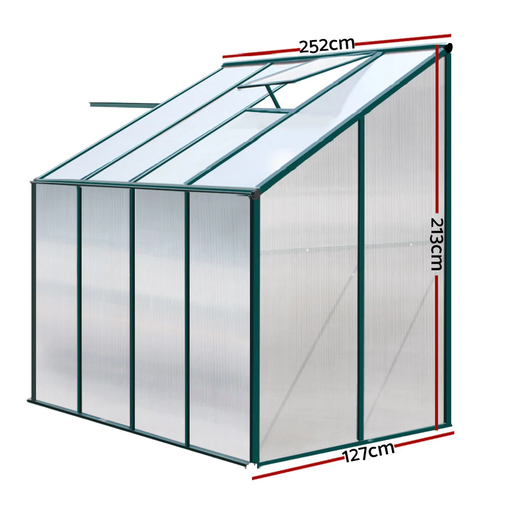 Greenfingers Greenhouse 2.52x1.27x2.13M Lean-to Aluminium Polycarbonate Green House Garden Shed - Nurns