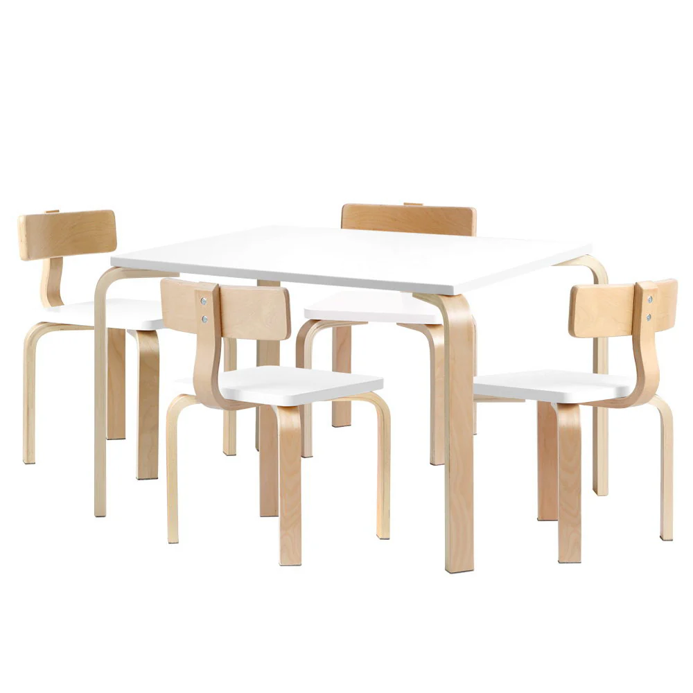 Paige 5-Piece Kids Table & Chairs Set Nordic Desk Activity Dining Study Children Modern - White & Wood - Nurns