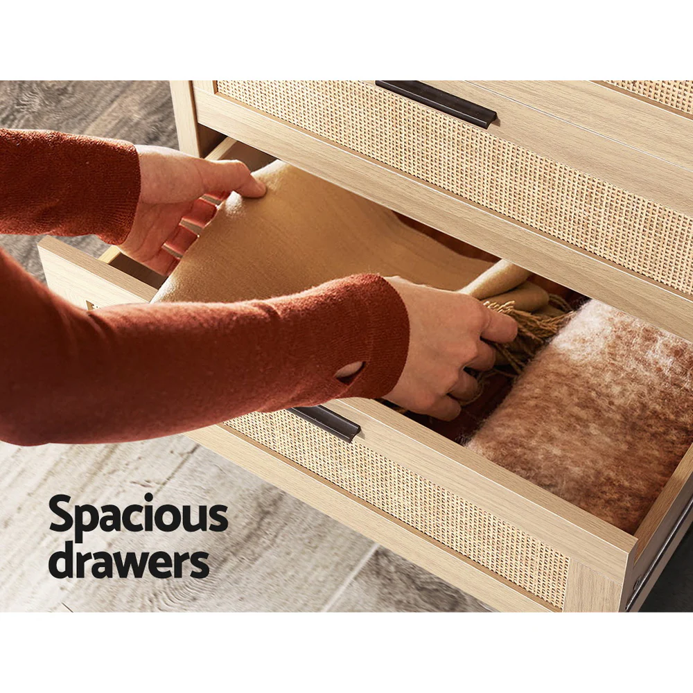 Artiss 4 Chest of Drawers Rattan Tallboy - Pine - Nurns