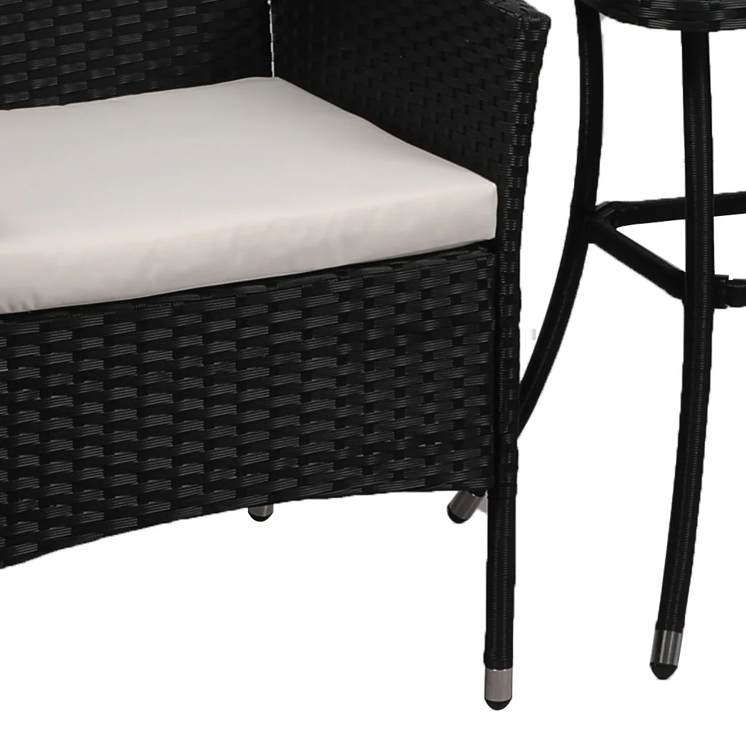 Finn 2-Seater Furniture Chair Table Patio Garden Rattan Seat 3-Piece Outdoor Setting - Black - Nurns