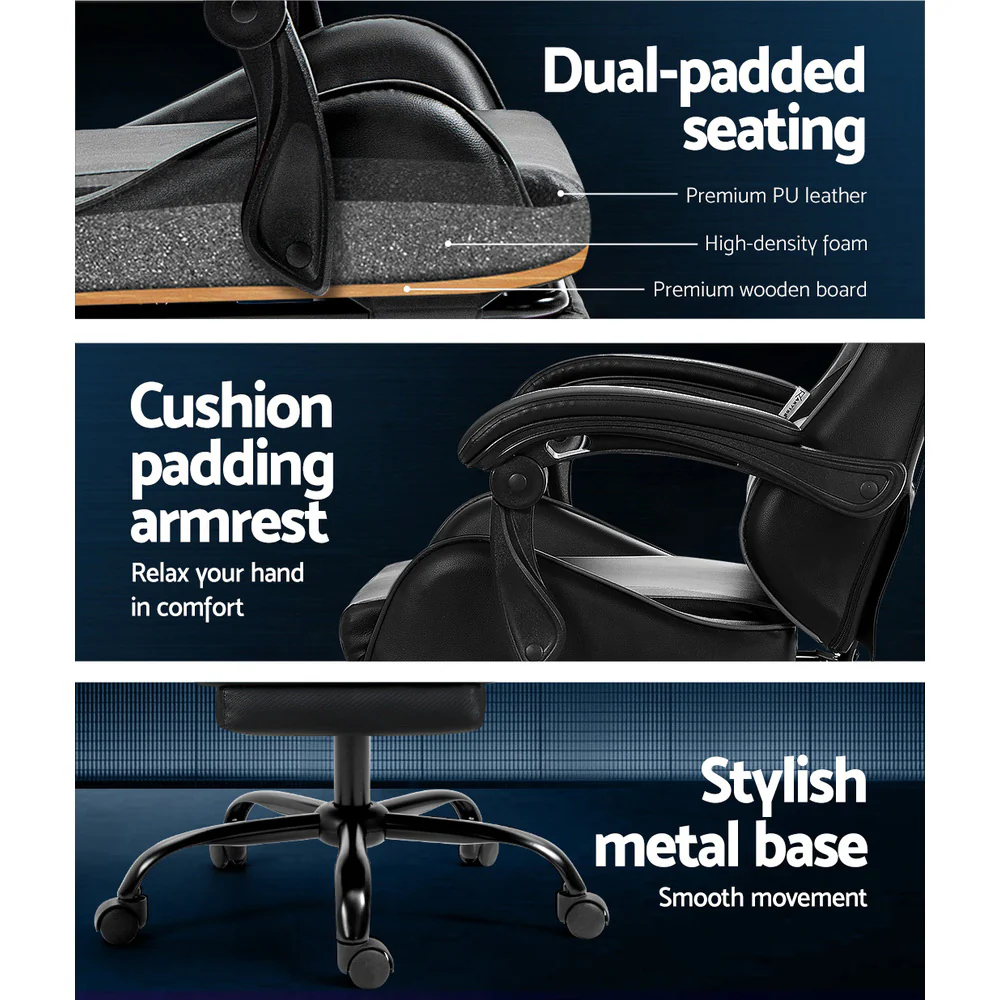 Artiss 2 Point Massage Gaming Office Chair Footrest Black - Nurns