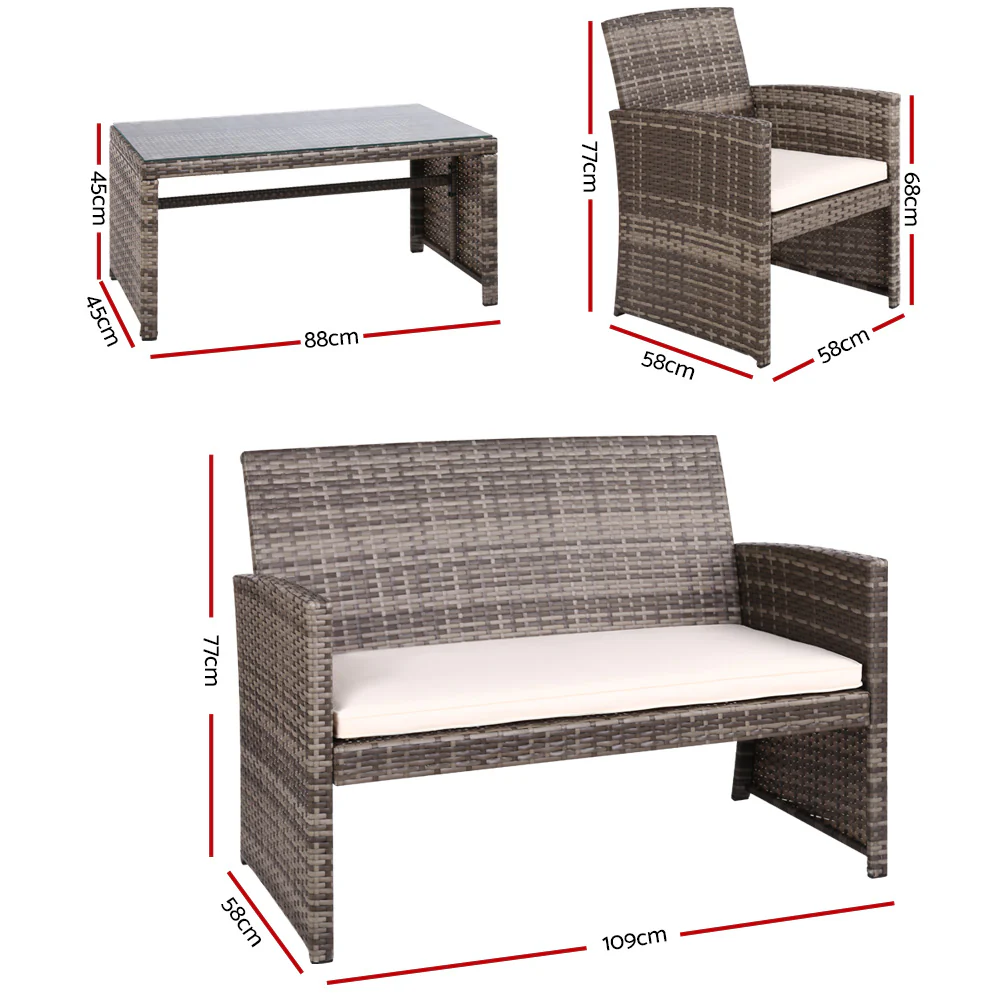 Slough 4-Seater Rattan Chair Table Setting Garden Furniture 4-Piece Outdoor Sofa Set - Grey - Nurns