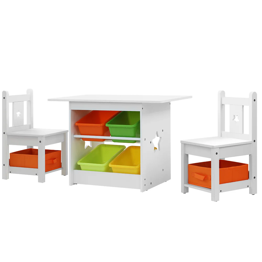Prasad 3-Piece Kids Table & Chairs Set Children Furniture Play Toys Storage Box - White - Nurns