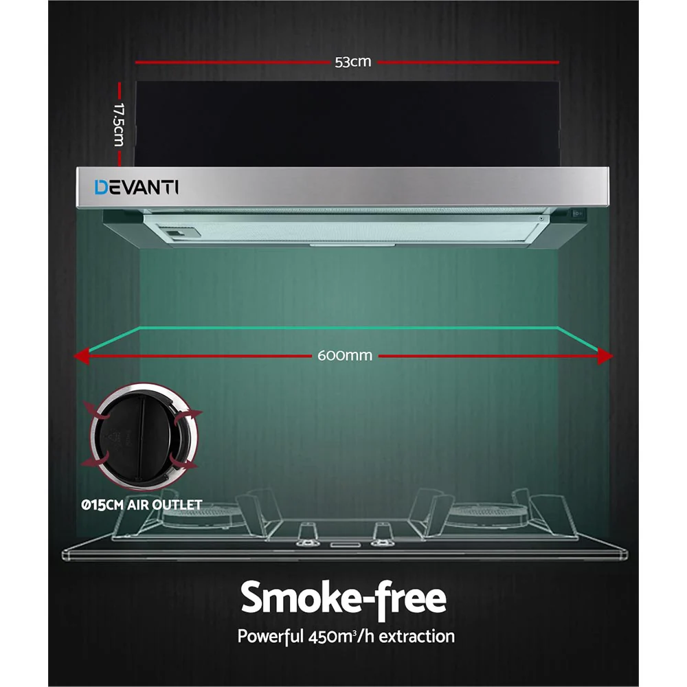 Devanti 600mm Range Hood 60cm Slide out Rangehood Stainless Steel - Nurns