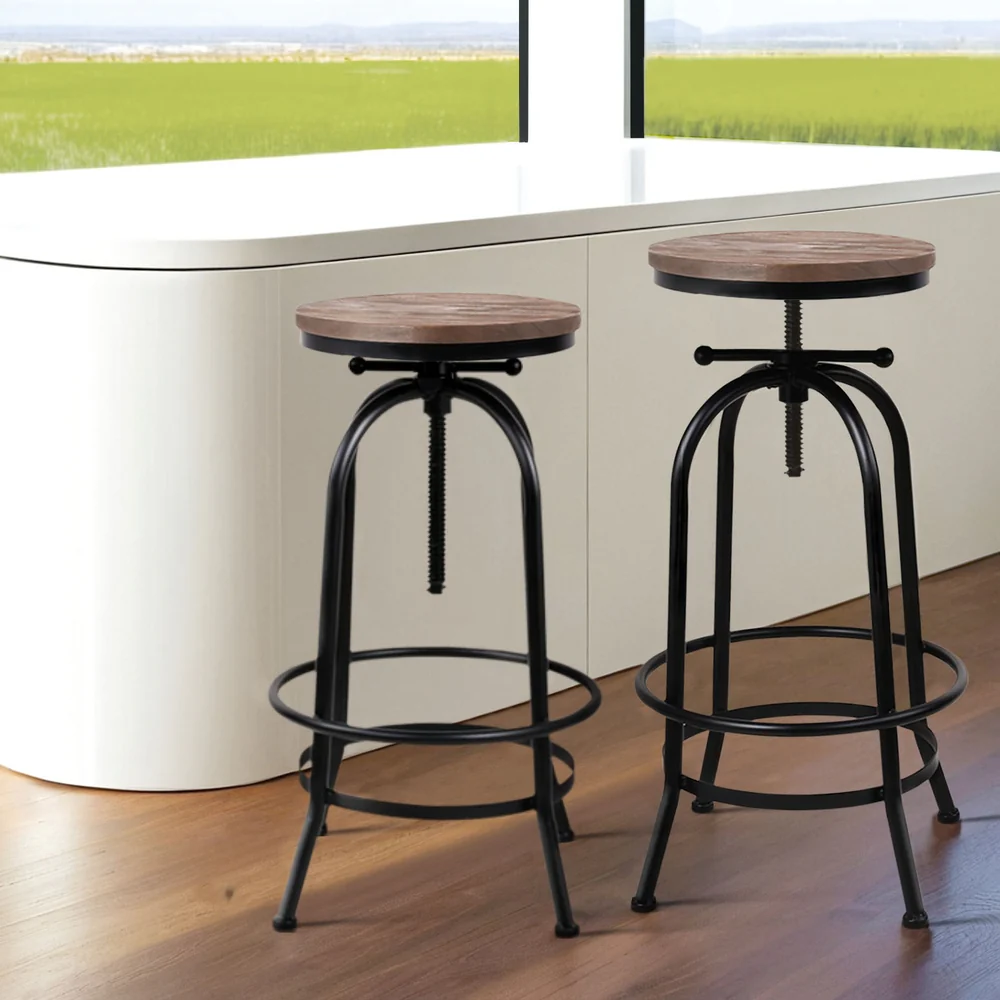 Set of 4 Lamia Bar Stools Kitchen Dining Chairs Adjustable Wooden Vintage Stool - Black - Nurns