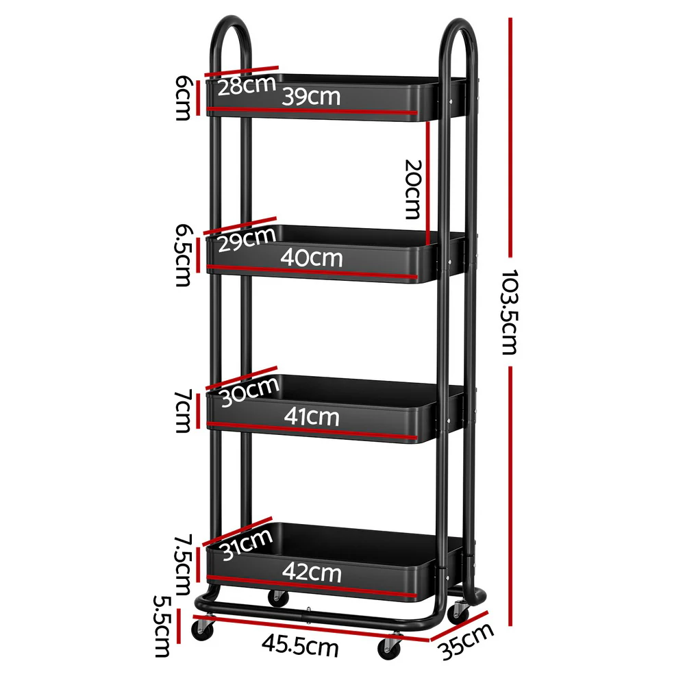 Storage Trolley Kitchen Cart 4 Tiers - Black - Nurns