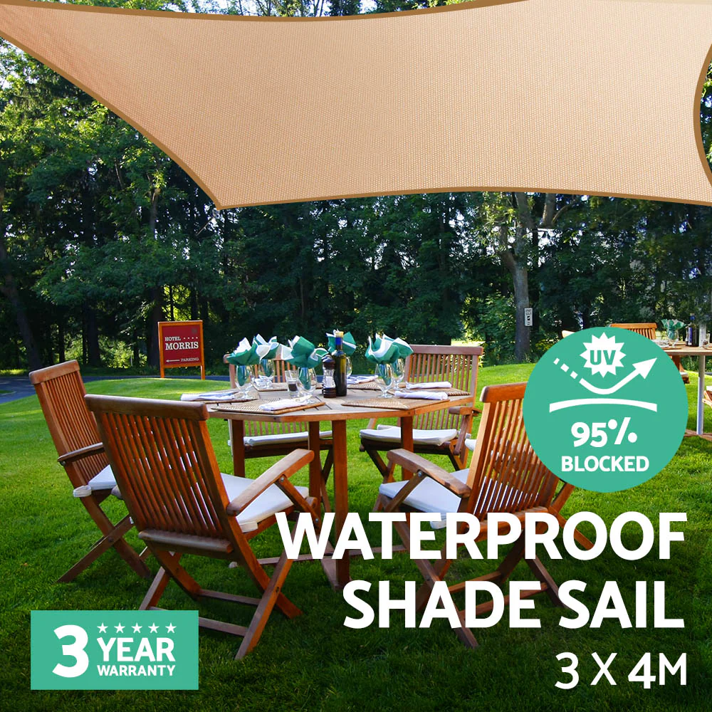 Instahut Waterproof Shade Sail 3x4m Rectangle Sand 95% Shade Cloth - Nurns