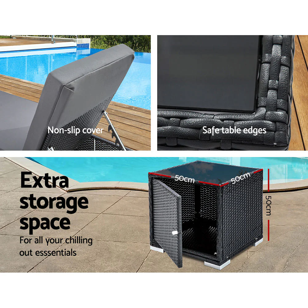 Herbert 3-Piece Outdoor Sun Lounge Wicker Chair with Cushion - Black - Nurns