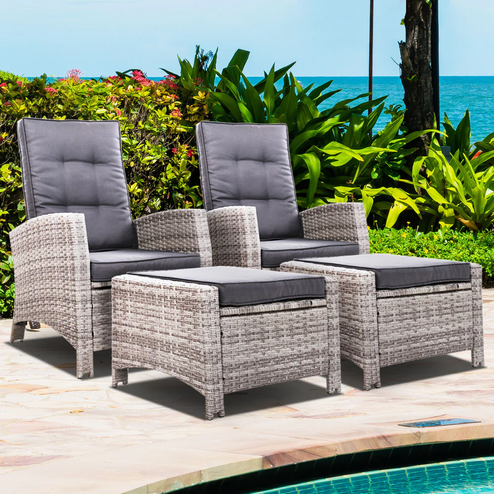 Dursley Set of 2 Recliner Chair Outdoor Furniture Setting Patio Wicker Sofa Chair and Ottoman - Grey - Nurns