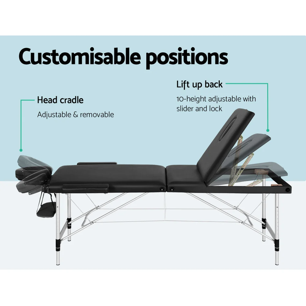 Massage Table 65cm Portable 3 Fold Aluminium Beauty Bed - Black - Nurns