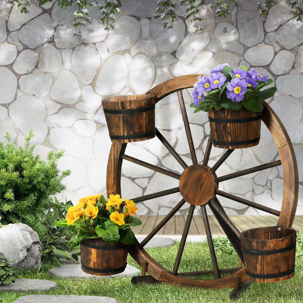 Garden Ornaments Decor Wooden Wagon Wheel Rustic Outdoor Planter flower - Nurns
