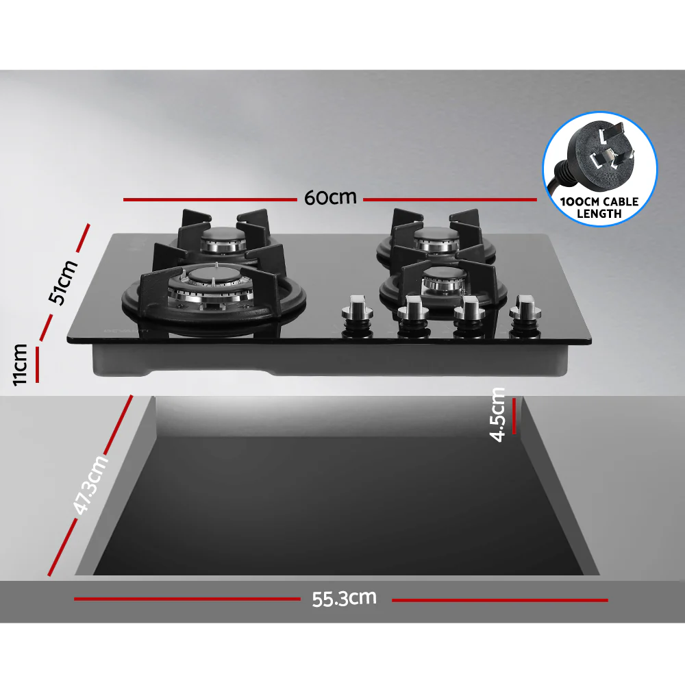 Devanti Gas Cooktop 60cm 4 Burner Black - Nurns