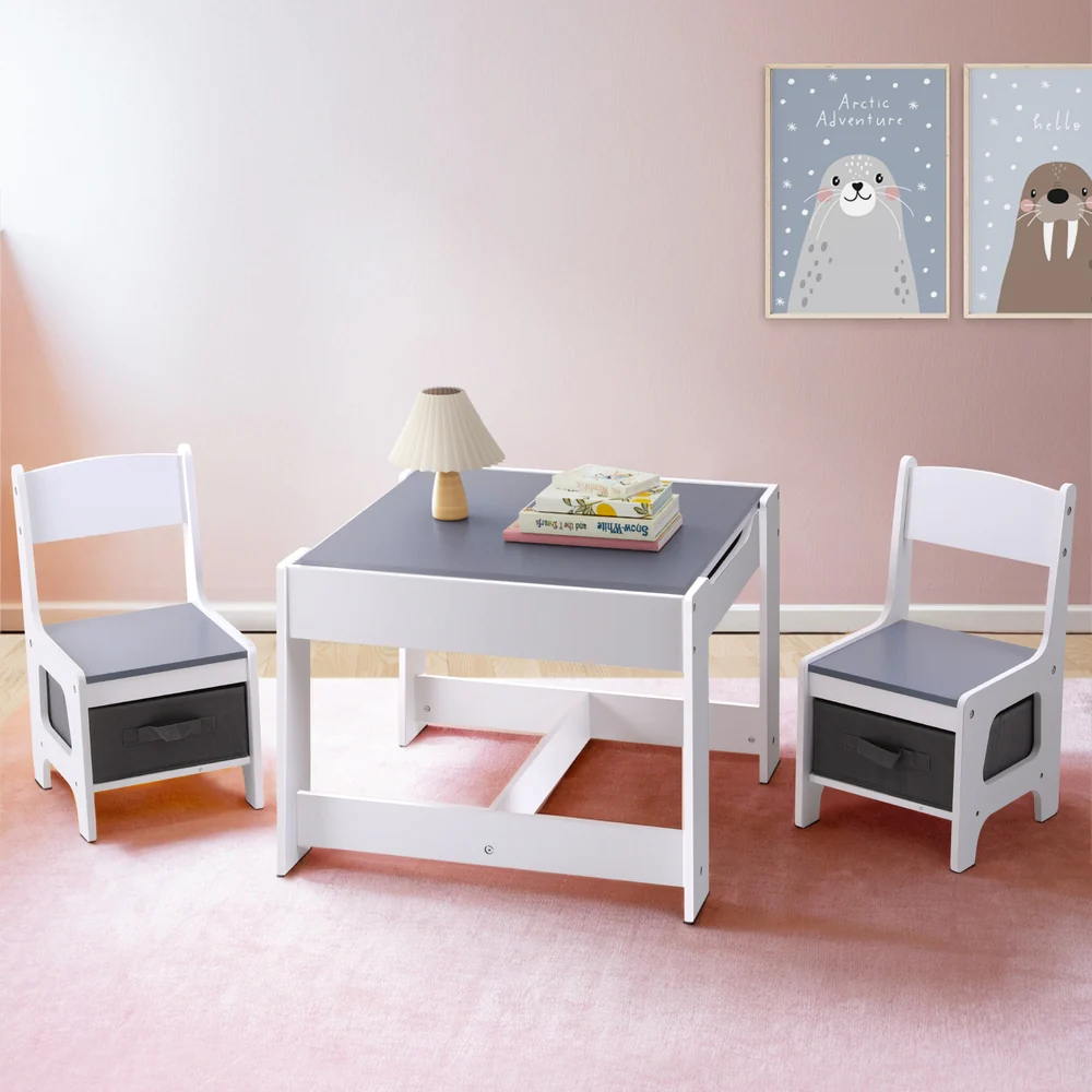 Pheby 3-Piece Kids Table & Chairs Set Play Activity Toys Storage Chalkboard Desk - Grey - Nurns