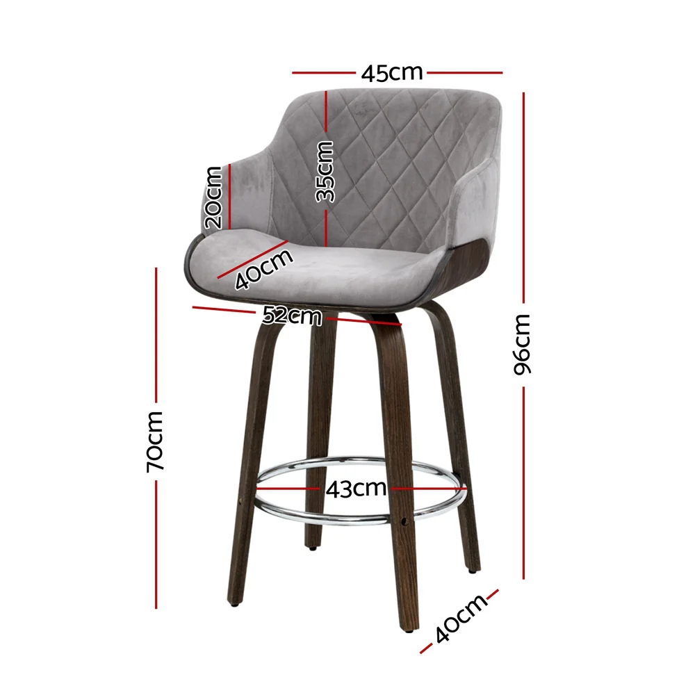 Set of 4 Lleida Bar Stools Swivel Velvet Padded Wooden - Grey - Nurns