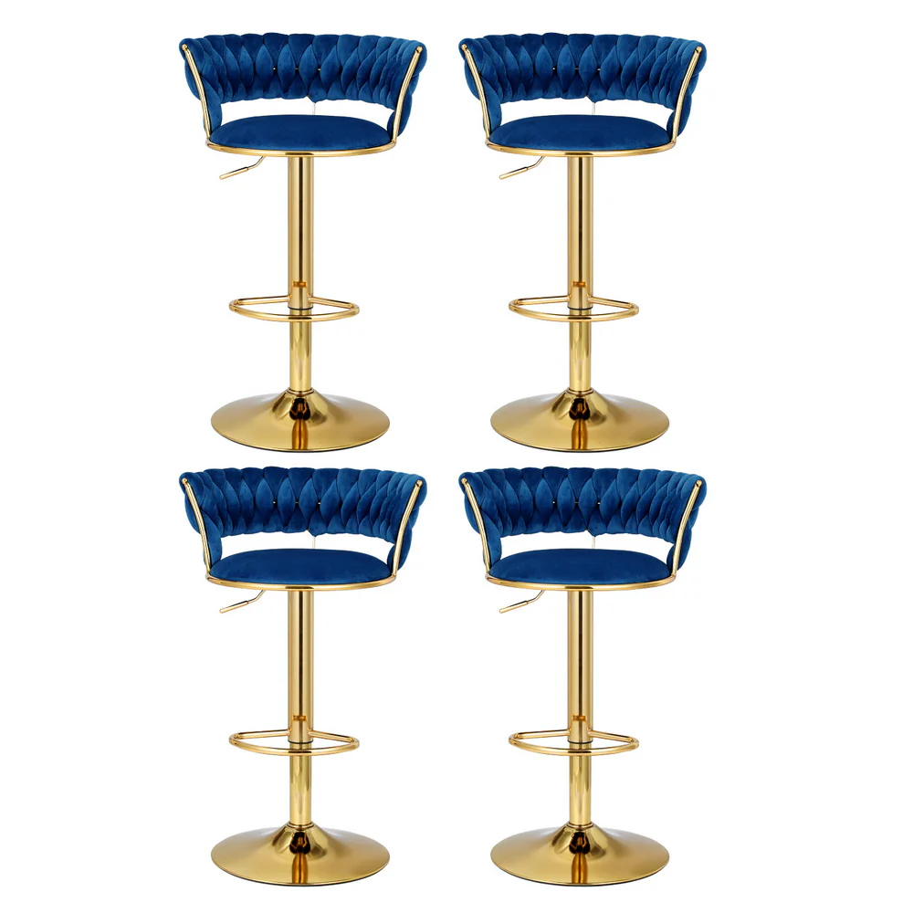 Set of 4 Saldus Bar Stools Gas Lift Velvet Woven Backrest - Navy - Nurns