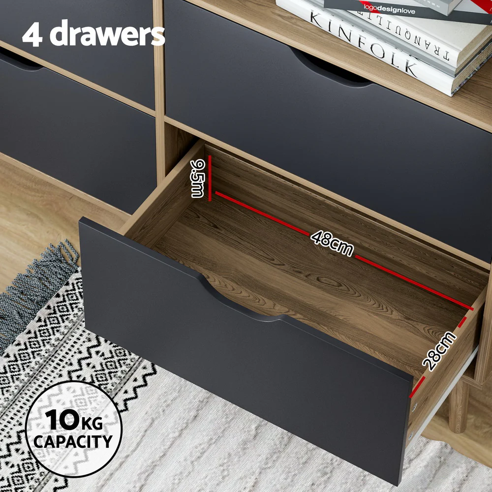 Artiss Bookshelf With 4 Drawers - Mitzi Oak And Blue - Nurns