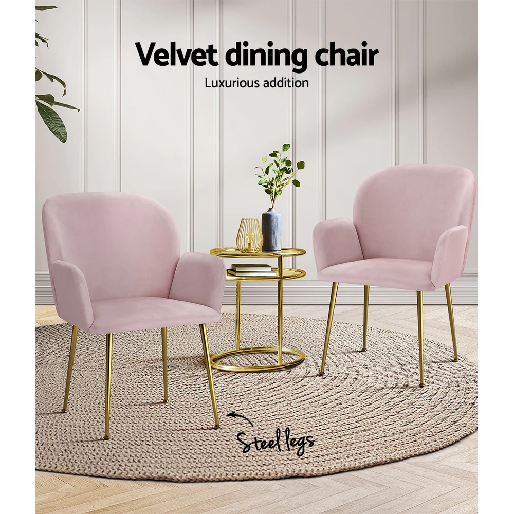 Bentley Set of 2 Dining Chairs Velvet Armchair - Pink - Nurns