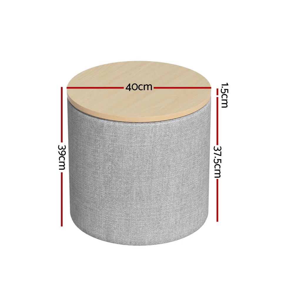Storage Ottoman Blanket Box 40cm Linen Round - Grey - Nurns