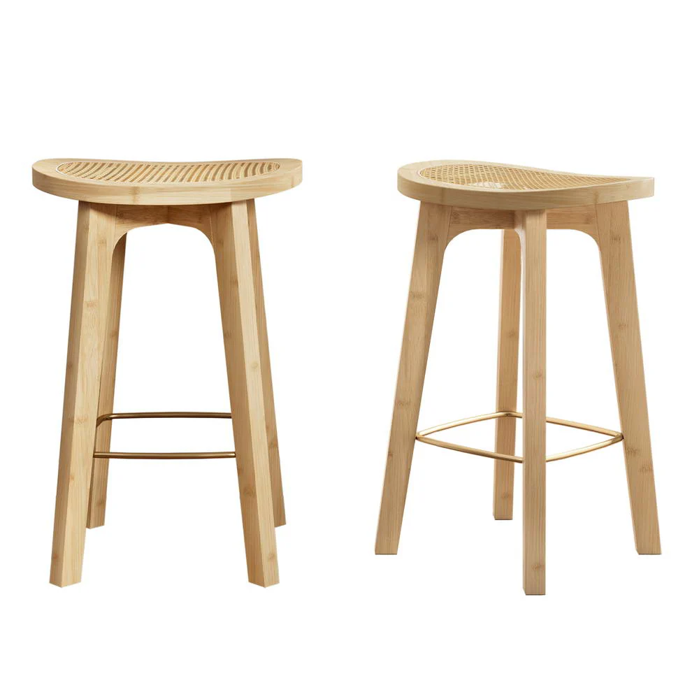 Set of 2 Lisbon Bar Stools Bamboo Rattan Stool Counter Chair Kitchen Barstools - Natural Wood - Nurns