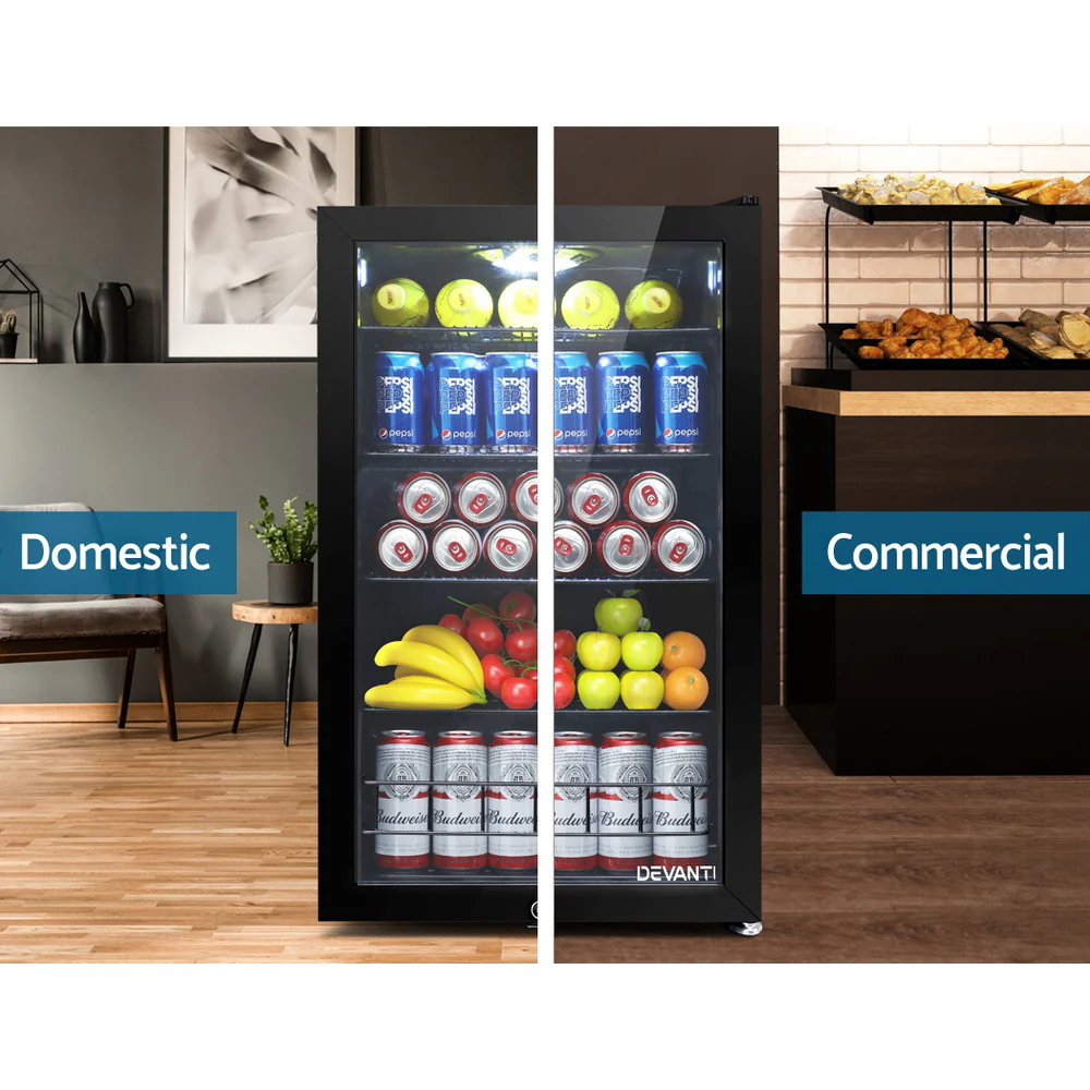 Devanti 115L Bar Fridge Glass Door with Light Black - Nurns