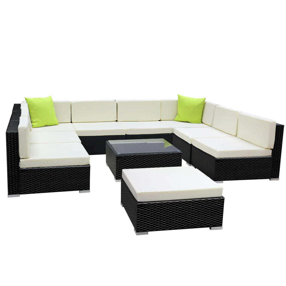 Chester 9-Seater Furniture Set Wicker Garden Patio Lounge 10-Piece Outdoor Sofa - Black - Nurns