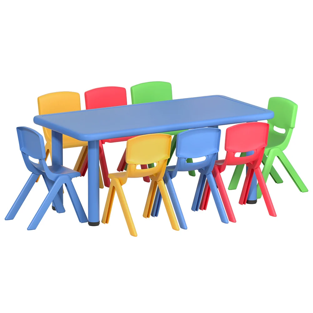 Philo 9-Piece Kids Table & Chairs Set 120cm Study Desk Furniture Plastic - Multicolour - Nurns