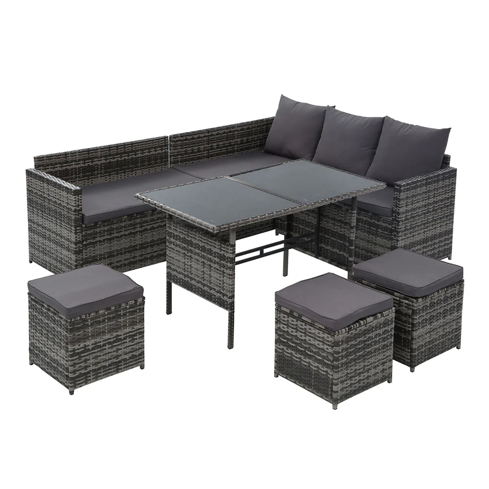 David 9-Seater Furniture Dining Wicker 5-Piece Outdoor Sofa with Storage Cover - Mixed Grey - Nurns