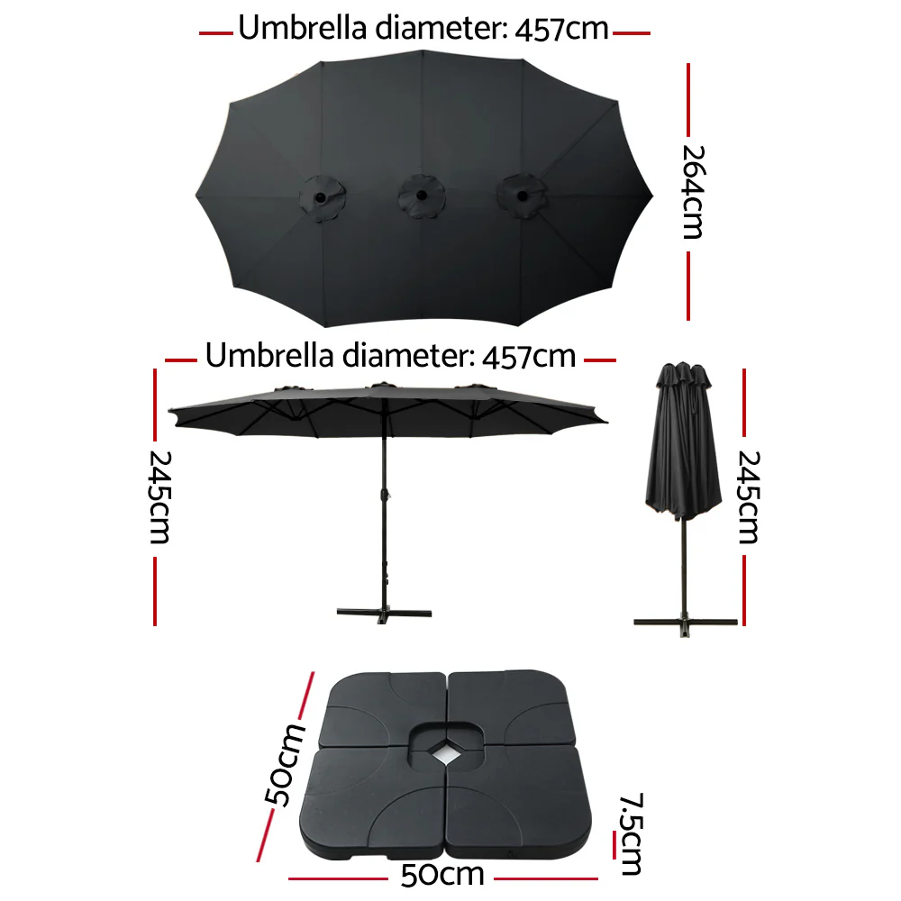 Instahut 4.57m Outdoor Umbrella w/Base Stand Beach Pole Garden Tilt Black - Nurns