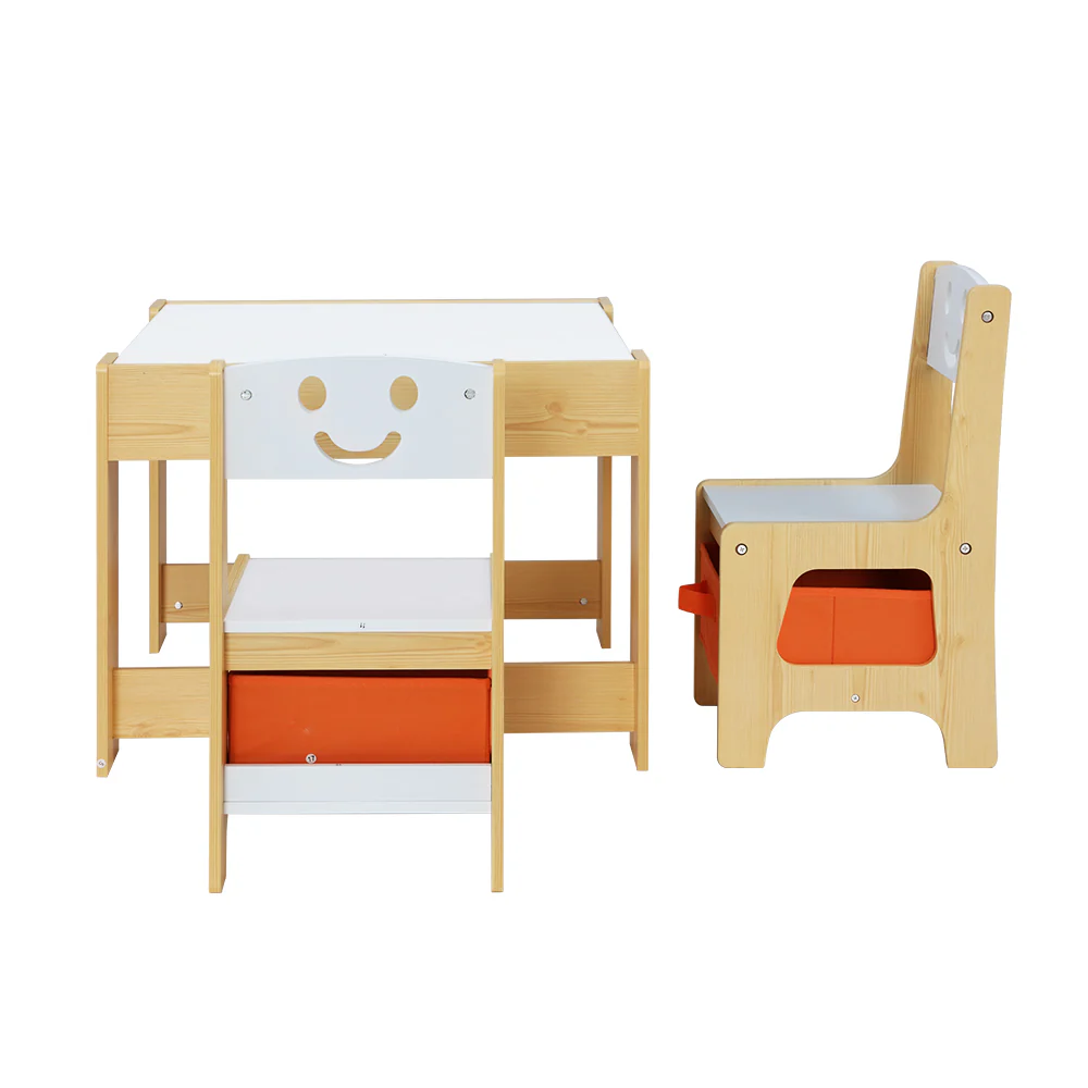 Pheby 3-Piece Kids Table & Chairs Set Activity Chalkboard Toys Storage Box Desk - White & Wood - Nurns