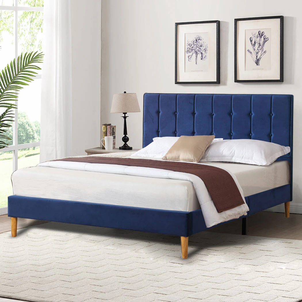 Venlo Bed Frame Base Platform Wooden Velvet with Headboard Blue - Double - Nurns