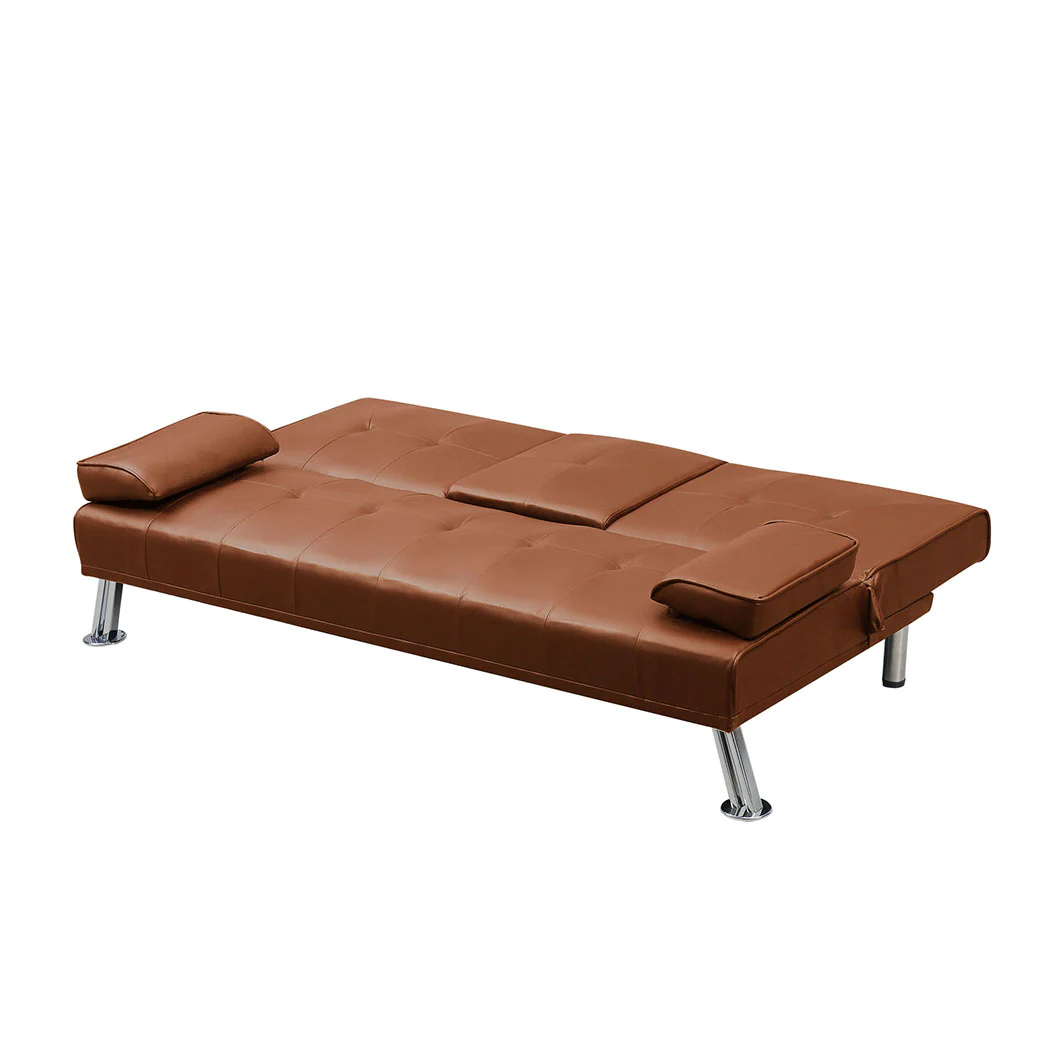 Marny 3-Seater Adjustable Sofa Bed Lounge Futon Couch Leather Beds Cup Holder Recliner - Brown - Nurns