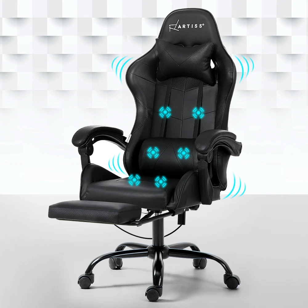 Artiss 6 Point Massage Gaming Office Chair Footrest Black - Nurns