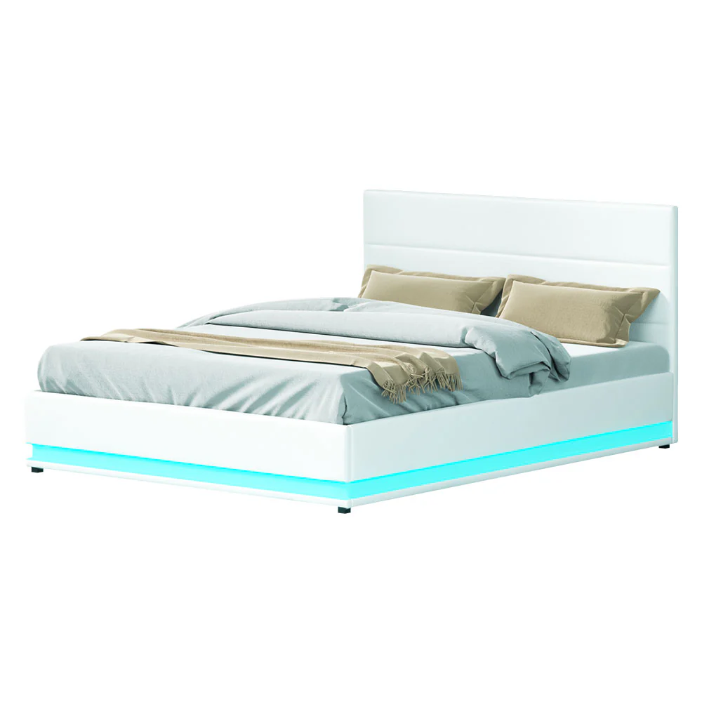 Azalea LED Bed Frame PU Leather Gas Lift Storage - White Queen - Nurns