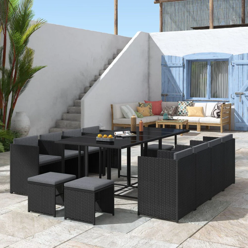 Drew 12-Seater Outdoor Furniture Setting 13-Piece Dining Set - Black - Nurns