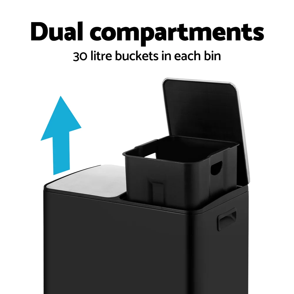Pedal Bins Rubbish Bin Dual Compartment Waste Recycle Dustbins 60L - Black - Nurns
