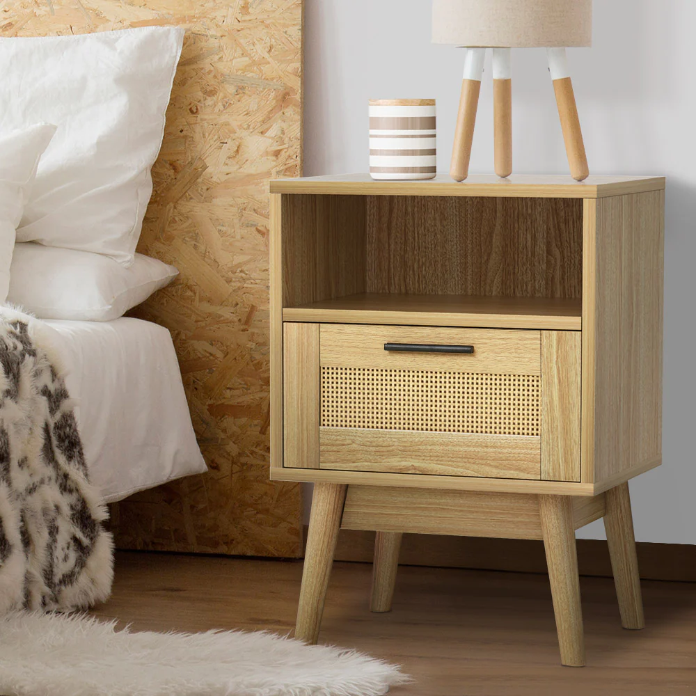 Simcoe Wood Rattan Bedside Tables Rattan Side Table Nightstand Storage Cabinet - Wood - Nurns