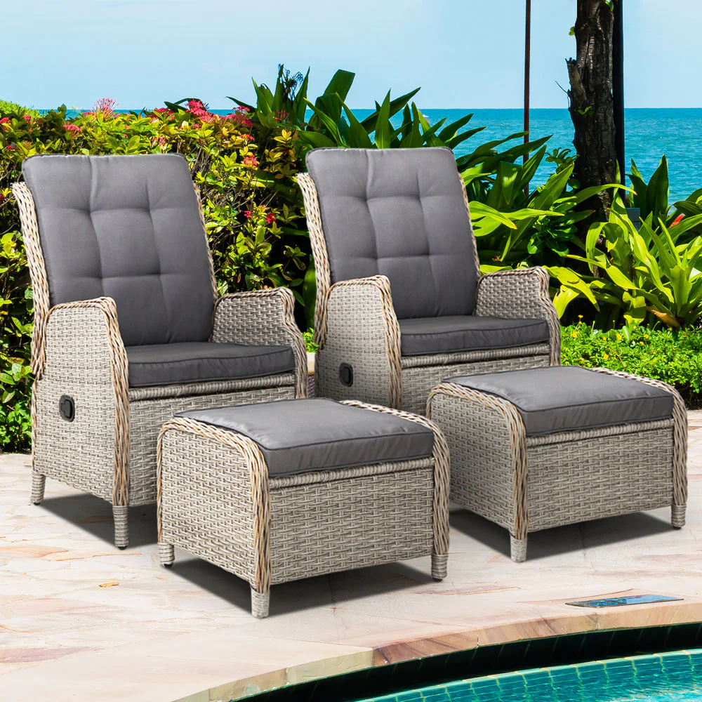 Yeovil Set of 2 Recliner Chair Outdoor Furniture Setting Patio Wicker Sofa Chair and Ottoman - Grey - Nurns