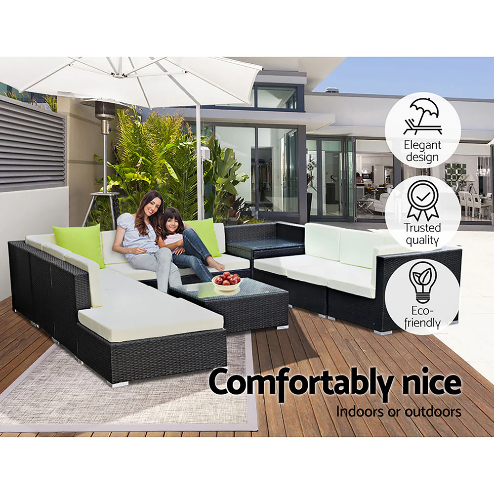 Chester 10-Seater Outdoor Set Furniture Wicker 11-Piece Sofa with Storage Cover - Black - Nurns