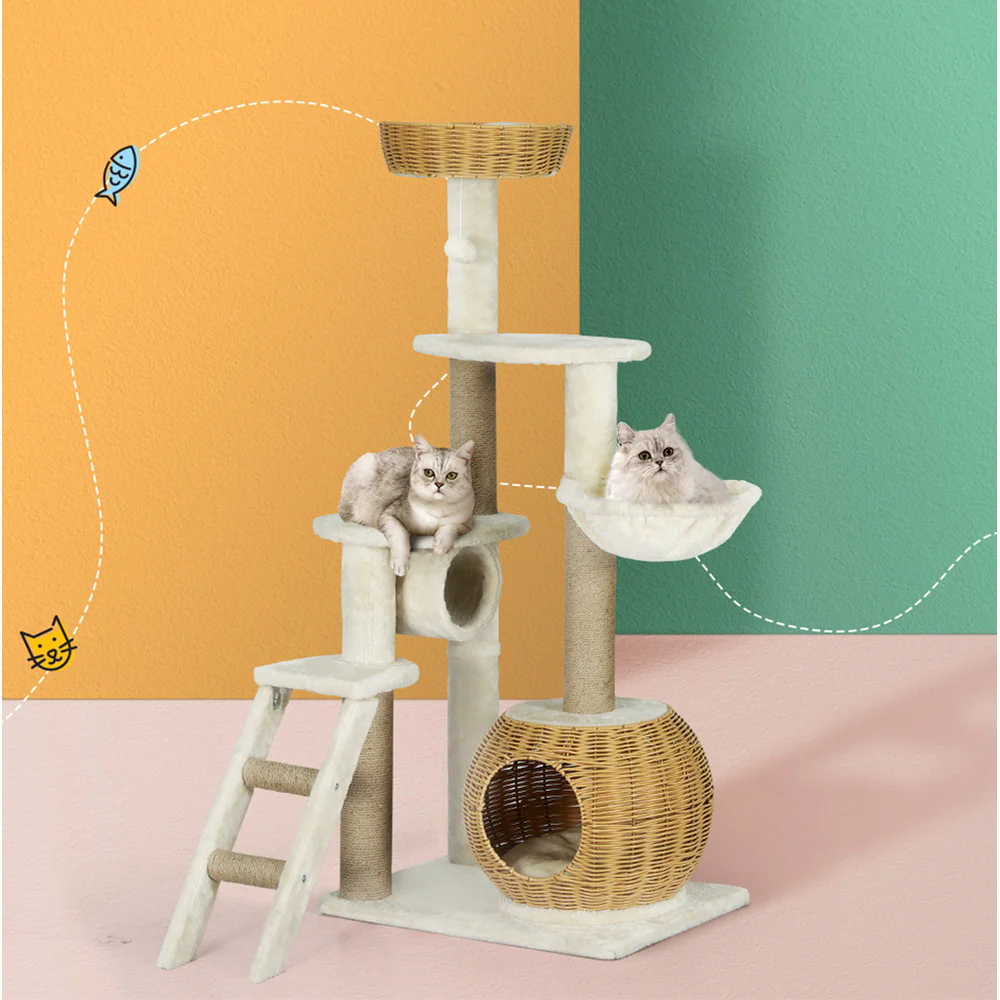 Cat Tree 138cm Tower Scratching Post Scratcher Wood Bed Condo House Rattan Ladder - Nurns