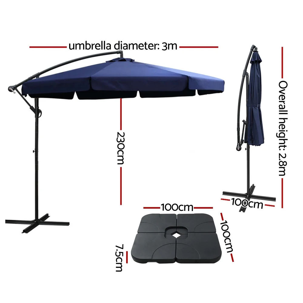 Instahut 3m Outdoor Umbrella w/Base Cantilever Garden Beach Patio Navy - Nurns