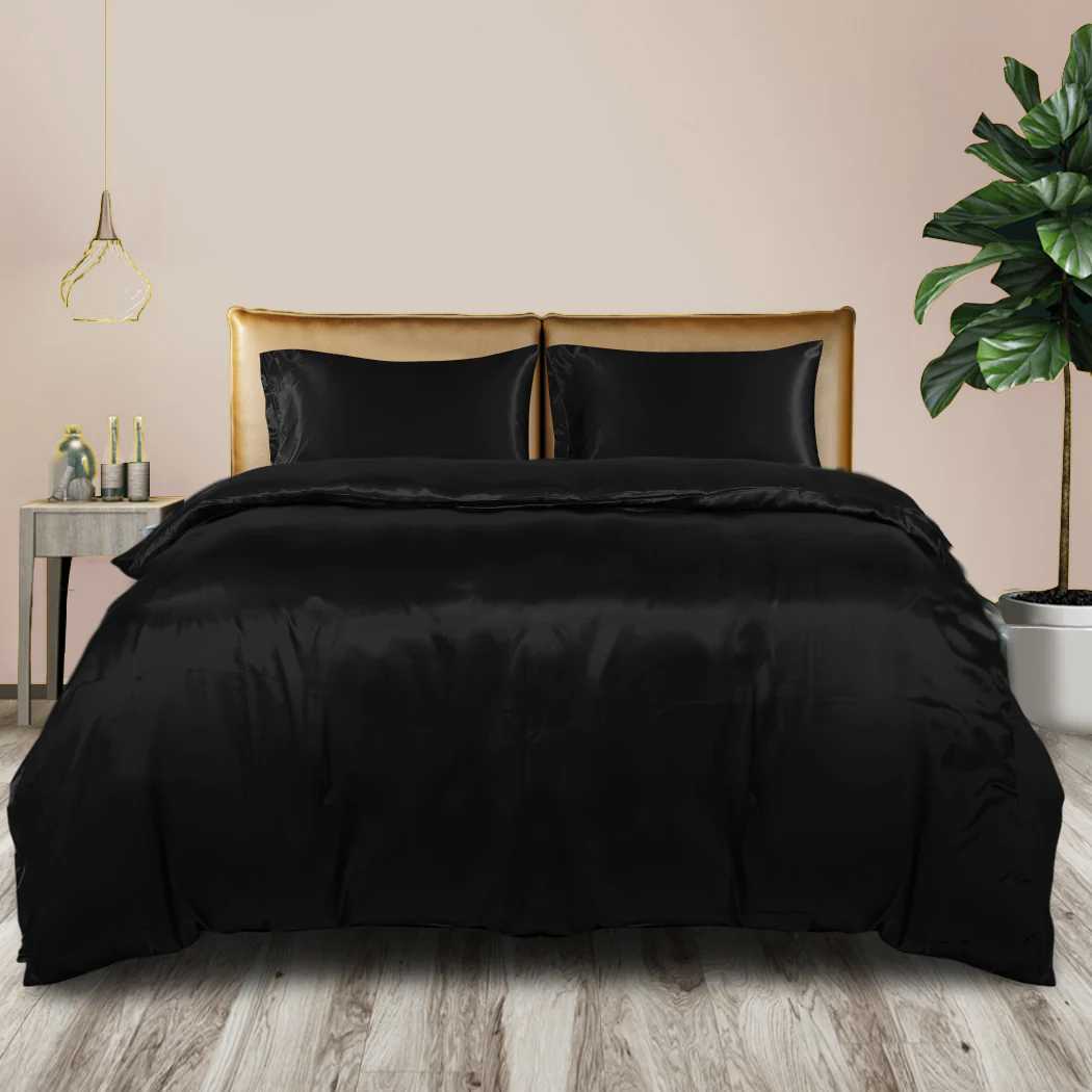 SUPER KING 3-Piece Quilt Cover Set Bedspread Pillowcases - Black - Nurns
