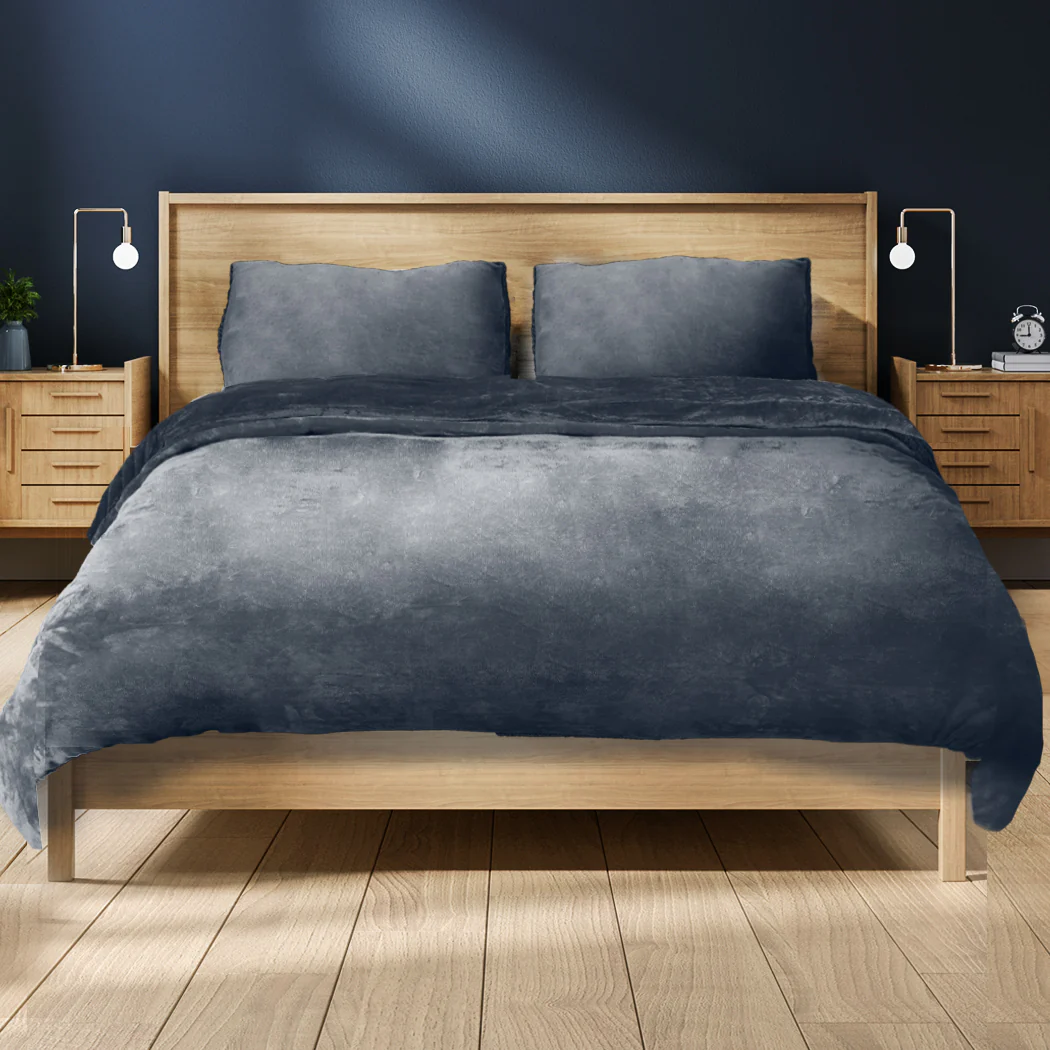 SUPER KING 3-Piece Flannel Quilt Cover with Pillowcases - Dark Grey - Nurns