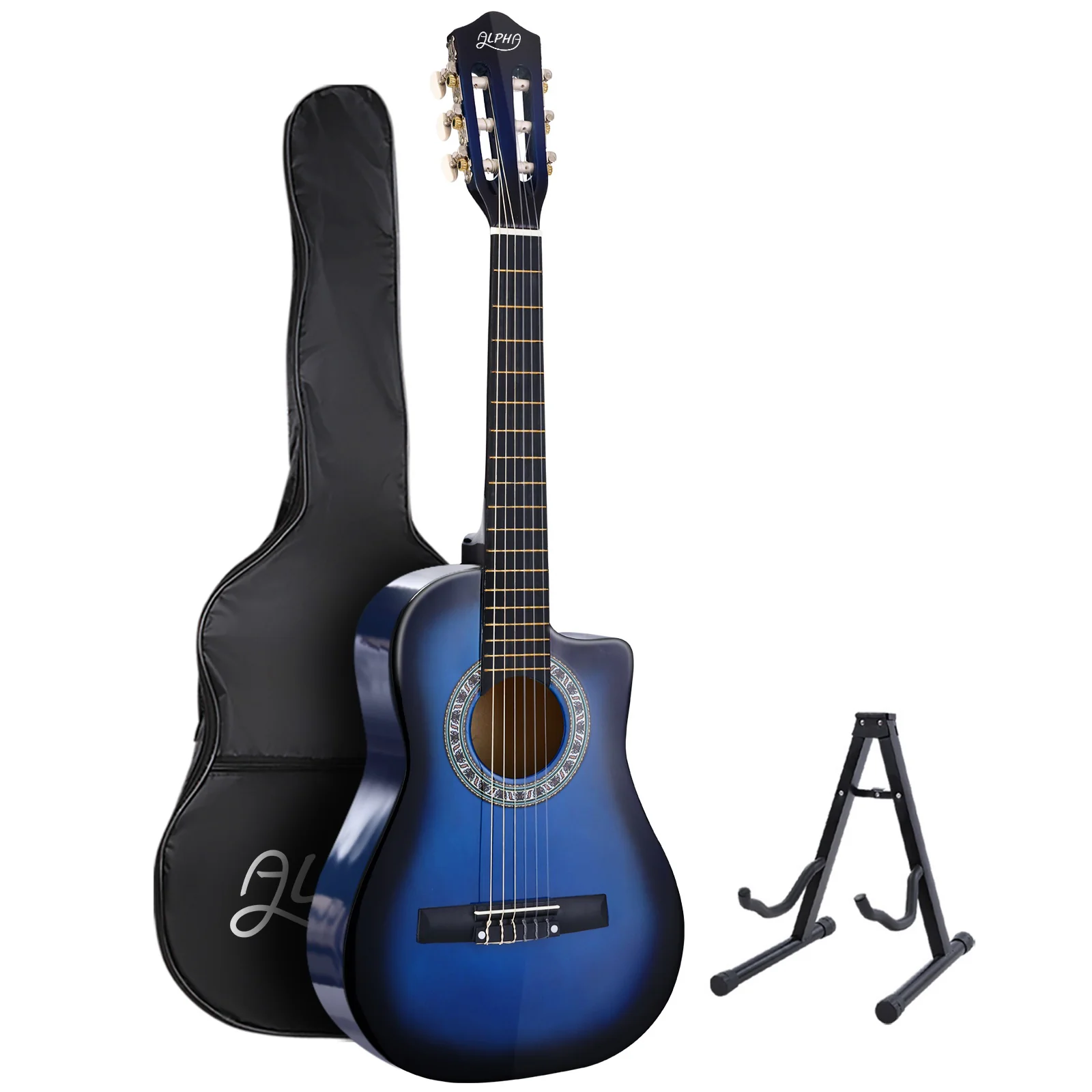 Alpha 34 Inch Classical Guitar Wooden Body Nylon String w/ Stand Beginner Blue - Nurns