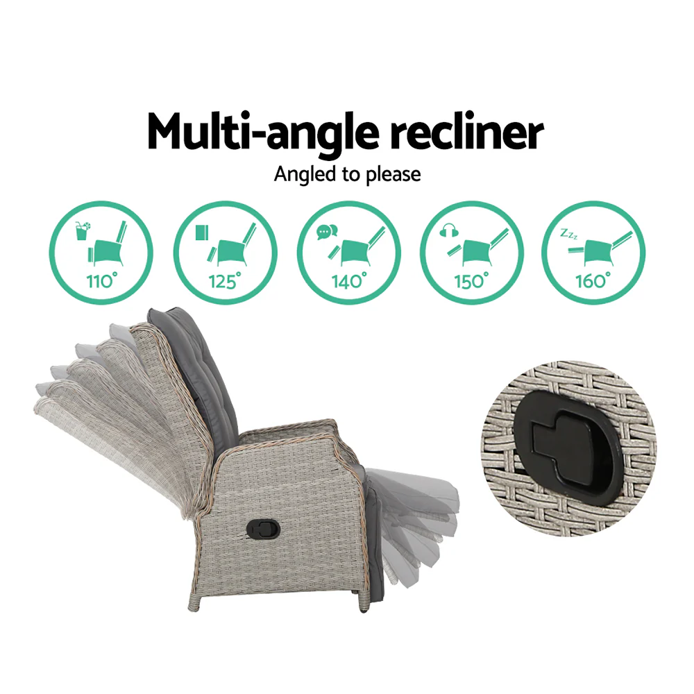Moore Recliner Chairs Setting Outdoor Furniture Patio Wicker Sofa - Grey - Nurns