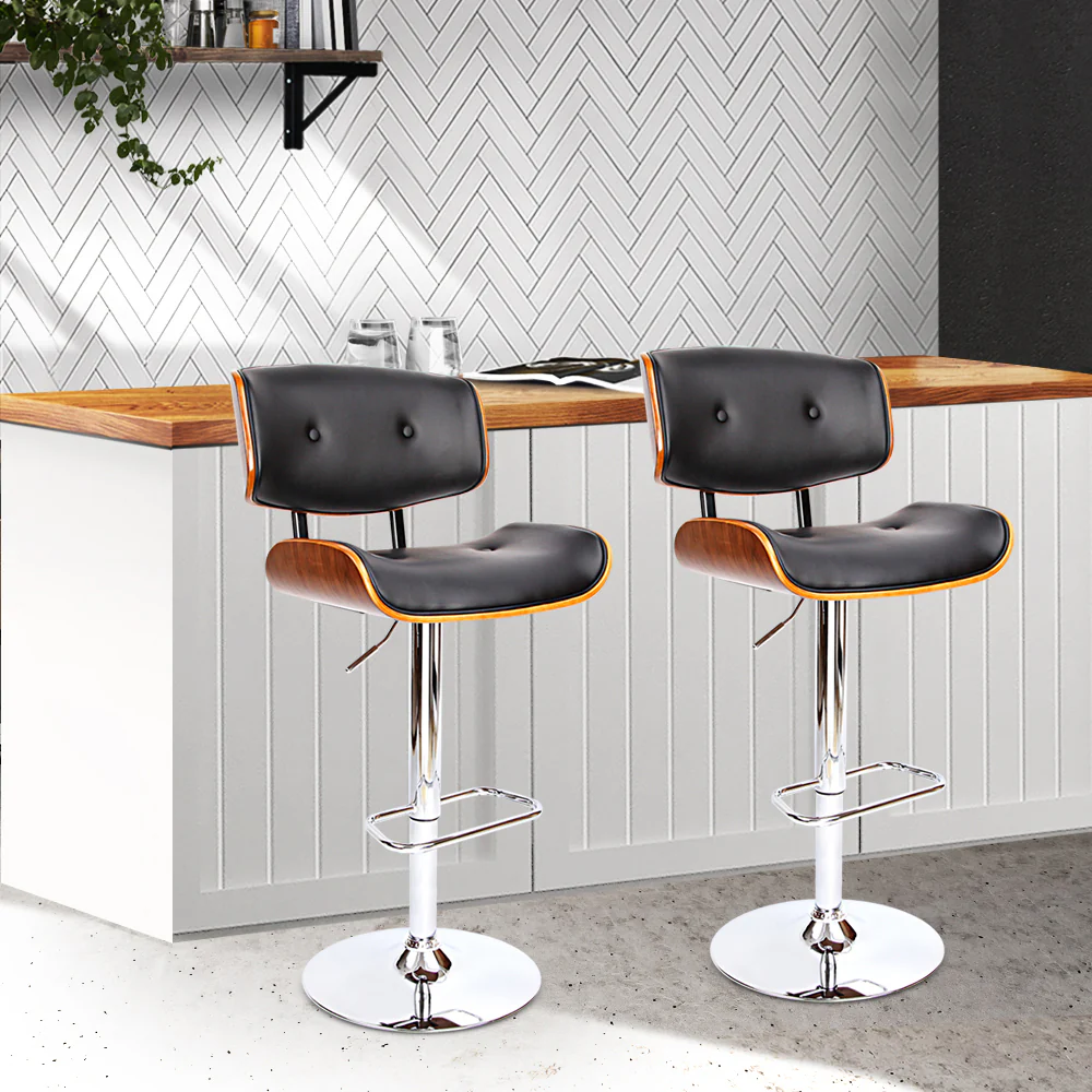 Set of 2 Ancona Wooden Gas Lift Bar Stools - Black & Chrome - Nurns