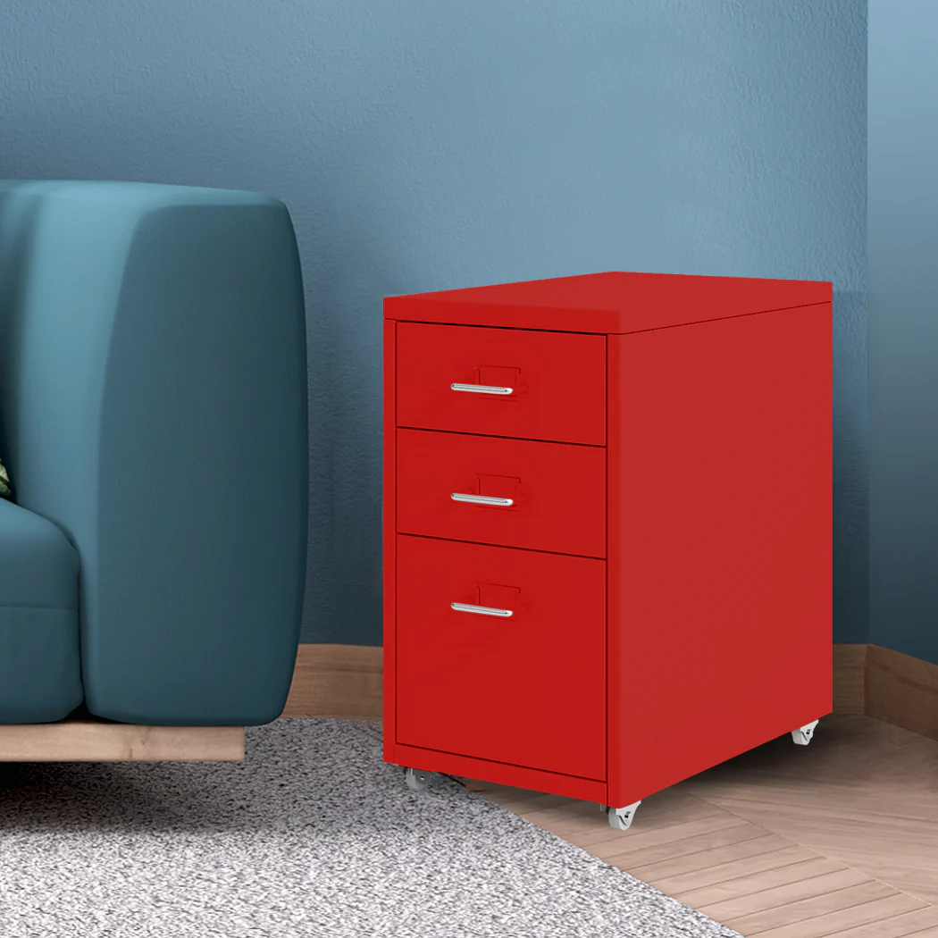 Levede 3 Drawer Office Drawers Cabinet Red - Nurns